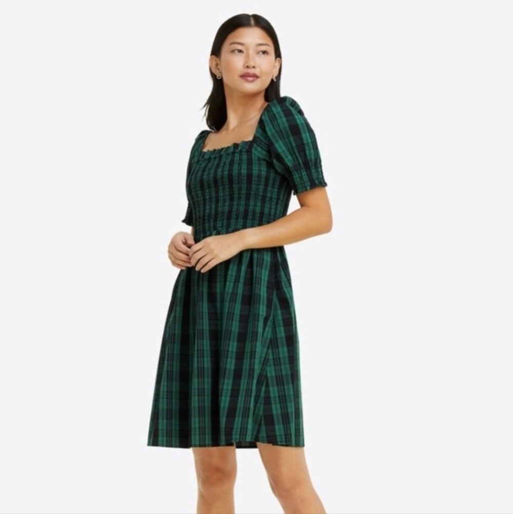 Draper James Cam Smocked Dress in Green Blackwatch Plaid Medium Puff Sleeves